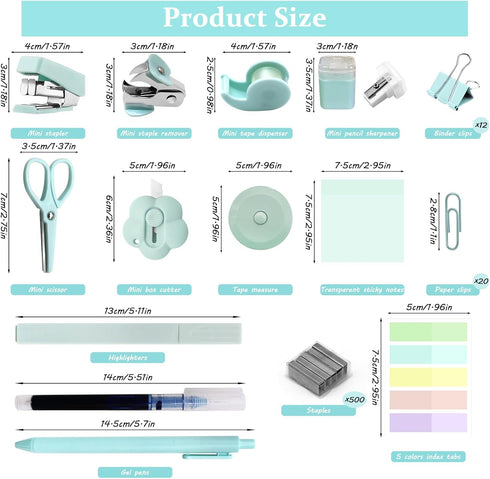 Mini Office Supply Kit, Teal Mini Stapler with Staples and Tape Dispenser Set, Mini Stationary Kit Includes Sticky Notes Index Tabs Highlighters G...