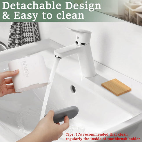 Toothbrush and Toothpaste Holder with Bamboo Divider for Bathroom Countertop Organizer, Detachable for Easy Clean, 2 Slots Electric Toothbrush Hol...