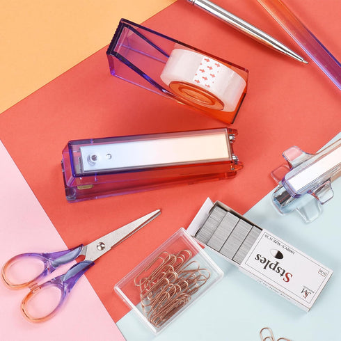 Bisofice Red Purple Acrylic Office Supplies Set Office Set 8 Piece Desk Accessories Set, Desktop Stapler, Tape Dispenser, Scissors Set, Paper Clip...