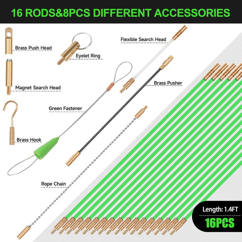 22FT Fiberglass Running Electrical Wire Cable Glow Rods Wire Pulling, Fish Rods Electrical Kit with 8 Different Attachments and Fish Tape Wire Pul...