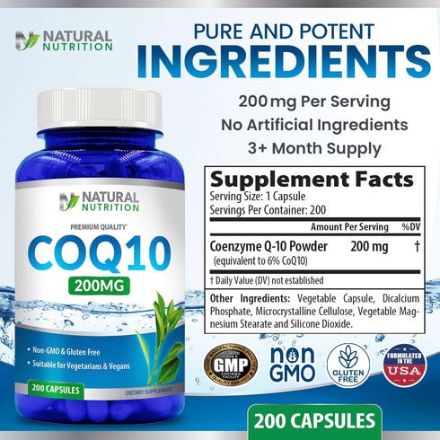 Generic Natural Vitamin Coq10 200mg, 200 Capsules, Quick Absorption - Gluten Free & Non-GMO...