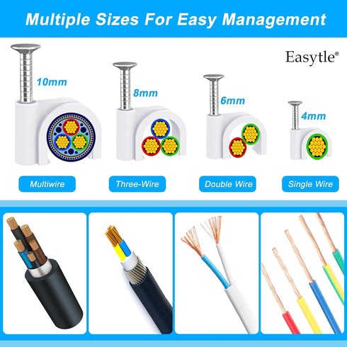 400 Pcs Cable Clips 4/6/8/10mm Nail in Cable Clips with Steel Ethernet Cable Clips Cable Wire Clips Cable Tacks Cable Nails Speaker Wire Clips Coa...