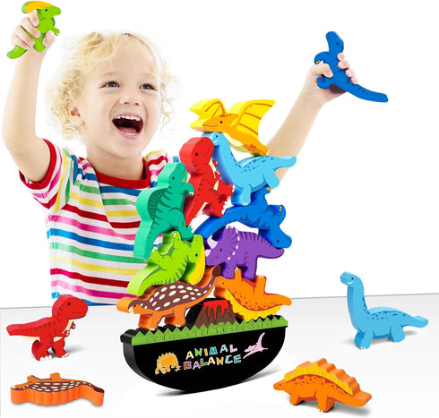 FFTROC Montessori Dinosaur Toys for 2 3 4 Year Old Boys - Wooden Stacking Dinosaur Toys for Kids 2-4 3-5, Toddler Balancing Block Sets...