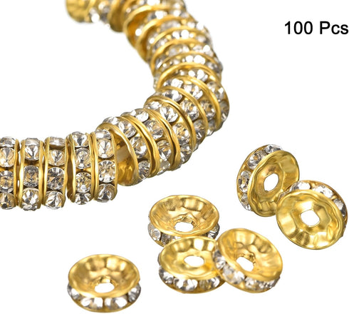 uxcell 100Pcs 8mm Rondelle Spacer Beads, Silver Plated Rhinestone Spacer Beads, Round Spacer Loose Beads for DIY Bracelet Necklace Jewelry Making ...