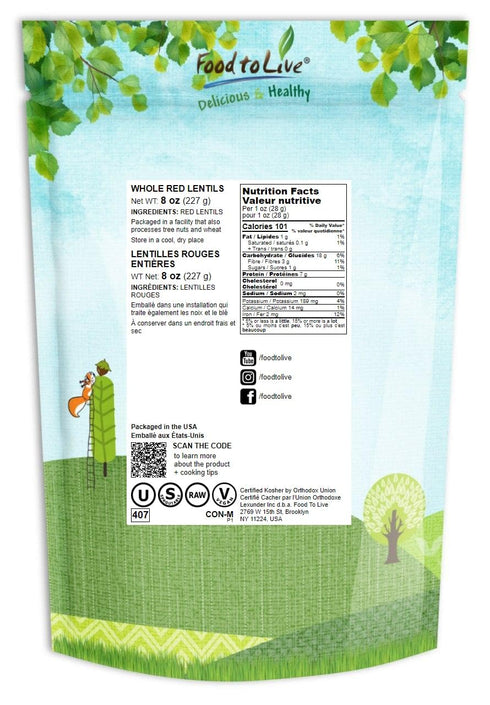 Food to Live - Whole Red Lentils, 8 Ounces – Dry Raw Lentils, Sproutable, Vegan, Kosher, Bulk. Quick-Cooking. Good Source of Dietary Fiber, and Pr...