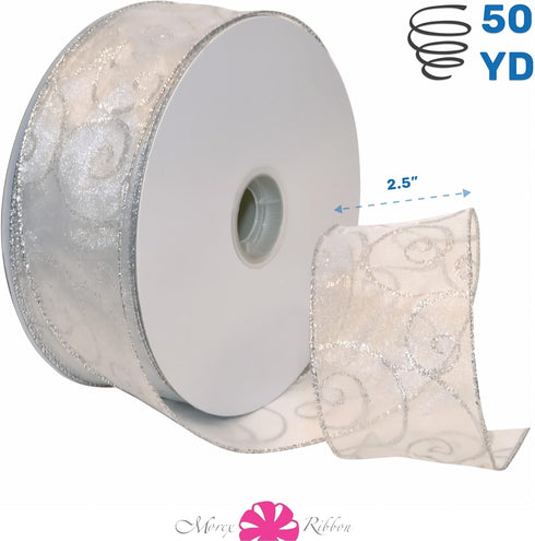Morex Ribbon 7416.60/50-701 Swirl 2.5" X 50 YD Nylon Sheer Wired Glitter Ribbon, White/Silver, Holiday Ribbons for Crafts and Christmas Decoration...