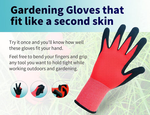 Nitrile Coated Garden Gloves for Women and Men, Red, Small...