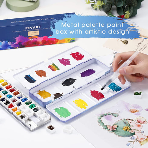 Empty Watercolor Palette, Metal Empty Watercolor Tin Palette Paint Case with Fold Out Palette with 37 Empty Half Pans for DIY Painting Tray Palett...