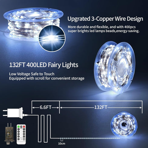 132ft 400 LED Fairy Lights Plug in Silver Wire Outdoor String Lights Waterproof Firefly Starry Lights with Remote Timer Twinkle Lights for Wedding...