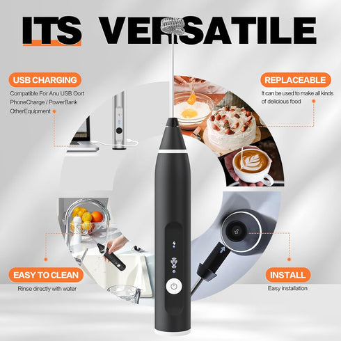 Milk Frother Rechargeable Handheld Electric Whisk Coffee Frother Mixer with 2 Stainless whisks 3 Speed Adjustable Foam Maker Blender for Coffee Ma...