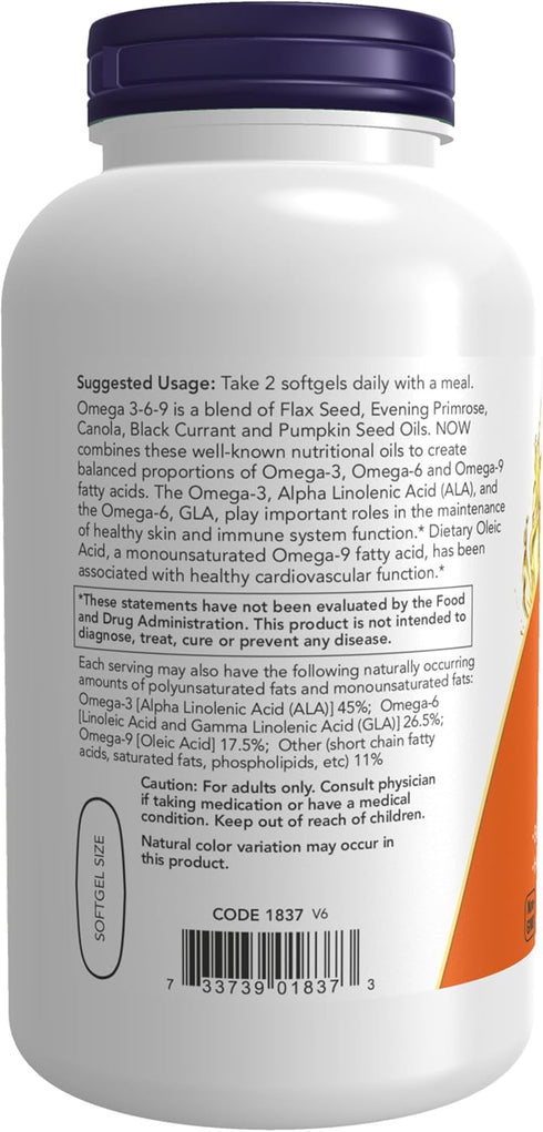 NOW Supplements, Omega 3-6-9 1000 mg with a blend of Flax Seed, Evening Primrose, Canola, Black Currant and Pumpkin Seed Oils, 250 Softgels...