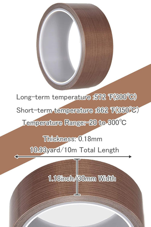 PTFE Coated Fiberglass Telfon Tape, 1.18" x 33 Feet,high Temperature Tape,Welding Sealing Tape,Drying Mechanical Conveyor Belt, Teflon Tape for Va...