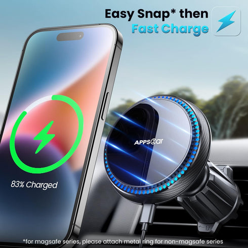 APPS2Car Wireless Car Charger with 15W Fast Charging for Magsafe Car Vent Mount - Only Compatible with iPhone 15/14/Magsafe Series Phones, Equippe...