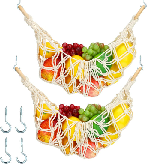 2 Pcs 11.8 x 20 Inch Large Macrame Fruit Hammock Under Cabinet Veggie Banana Hammock Hanging Fruit Basket Saves Counter Space for Kitchen Hand-wov...
