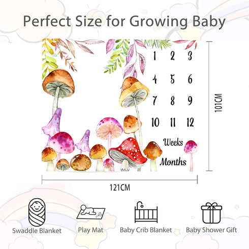 Mushroom Theme Baby Monthly Milestone Blanket, 48x40in Soft Flannel, Watercolor Backgrounds, Newborn Mom Gifts, Baby Shower Age Growth Tracker wit...