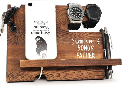 World's Best Bonus Father Wooden Desk Docking Station, Best Bonus Dad Gifts, Father's Day Birthday Gifts for Bonus Dad Stepdad Stepfather, Bonus D...