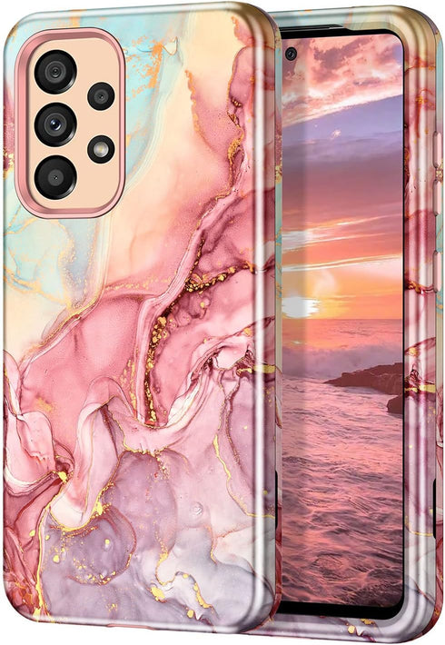 Btscase for Samsung Galaxy A53 5G Case, Marble Pattern 3 in 1 Heavy Duty Shockproof Full Body Rugged Hard PC+Soft Silicone Drop Protective Women G...
