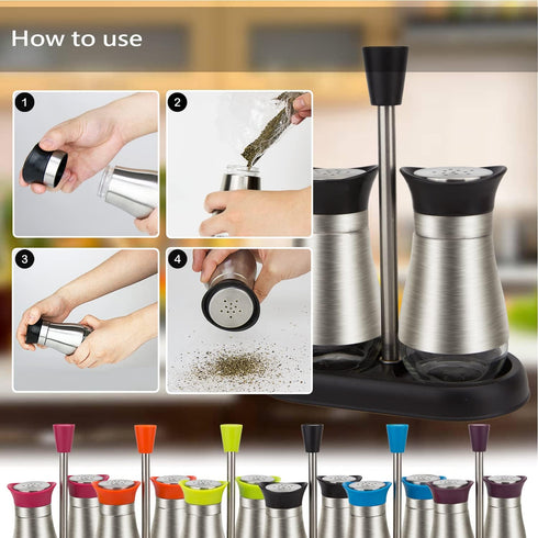 Evelyne 2-Piece Set Salt & Pepper Glass Shaker Stainless Steel Cover with Tray...