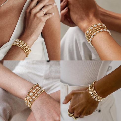 adoyi Gold Bracelets for Women Beaded Bracelet 14K Gold Plated Bracelet Stack Strand Stretch Bead Ball Bracelet Set Stackable Bracelet Adjustable ...