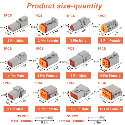 Deutsch DT Connector Kit in 2,3,4,6,8,12 Pin Configurations, Size 16 Stamped Contacts, Sealed Automotive Electrical Connectors, with 35 Pairs Barr...
