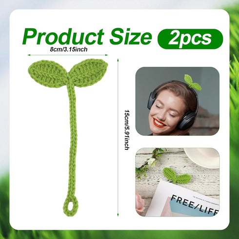 2pcs Knitted Crochet Leaf Sprout, Handmade Crochet Plant Bookmark Green Sprout Crochet Ornament Knitted Bookmark Decorative Leaf Embellishment for...