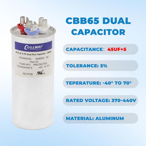 COOLWAY 45/5 uF 45+5 MFD 370V or 440V Dual Run Start ac Capacitor for ac 45 5 CBB65r CBB65b Capacitor 370 440 Volt vac Air Conditioner Capacitor f...