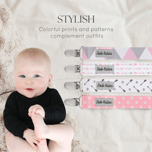 Dodo Babies Pacifier Clip with Case Set - 5-Piece Set, Pink & Gray Prints - Universal Binkie Clip & Holder Fits Most Pacifiers & Teethers - Secure...