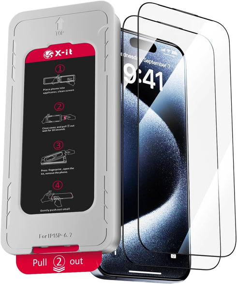 X-it 2-Pack Screen Protector for iPhone 15 Pro(6.1"), 9H+ Tempered Glass, Auto-Dust Removal, Military Grade Protection, Bubble-Free, Full Coverage...