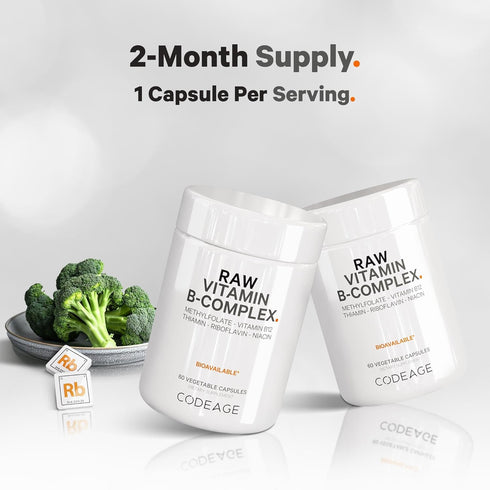 Codeage Raw Vitamin B-Complex Supplement - Essential B Vitamins with Probiotics, Digestive Enzymes, Fruits & Vegetables - 2-Month Supply - Methylf...