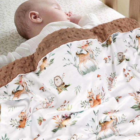 Baby Blankets for Boys Girls, Super Soft Nursery Minky Toddler Blankets with Woodland Animals and Leaves Design Dotted Fleece Backing, Warm Bed Bl...