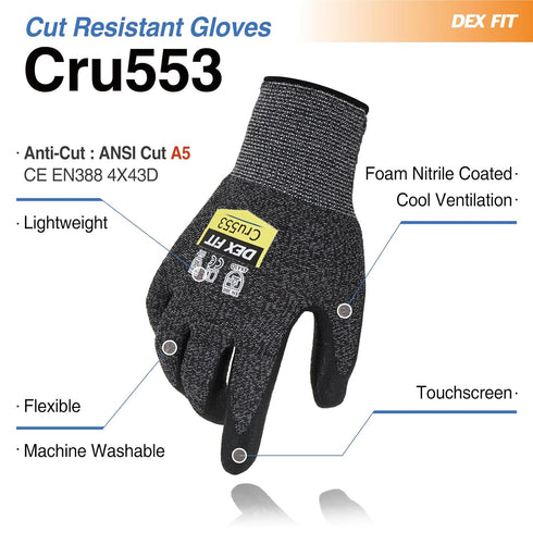 DEX FIT Level 5 Cut Resistant Gloves Cru553, 3D-Comfort Fit, Firm Grip, Thin & Lightweight, Touch-Screen Compatible, Durable, Breathable & Cool, M...