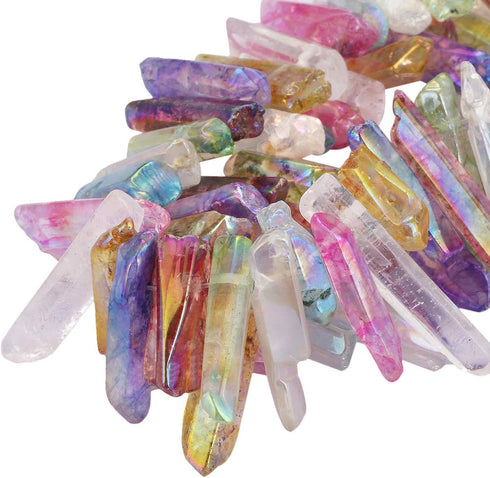 TUMBEELLUWA Rock Quartz Crystal Points Loose Beads for Jewelry Making, Titanium Coated Polished/Raw Quartz Beads 15 Inches Top Drilled,Multi-Color...