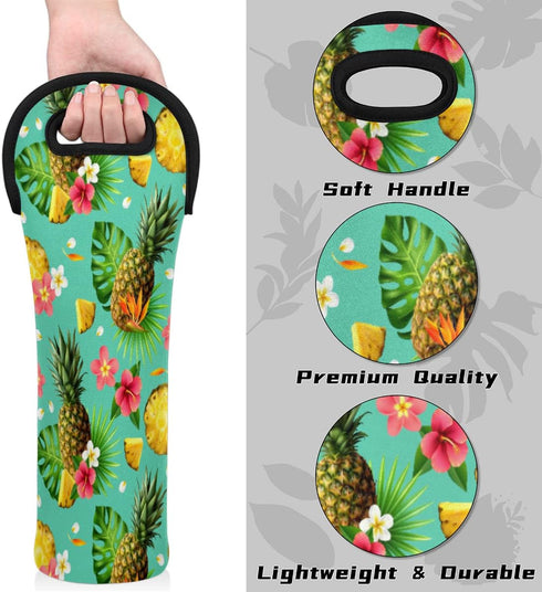 Tropical Pineapple Pattern Wine Bag Neoprene Wine Tote Bags Leakproof Travel Wine Tote with Handle Reusable Cooler Bag for Picnic Travel Birthday ...