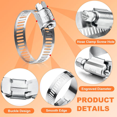 40PCS Hose Clamps, Camtek Stainless Steel Adjustable 6-29mm Range Worm Gear Hose Clamp Duct Clamp Pipe Clamp Fuel Line Clamp for Plumbing, Automot...