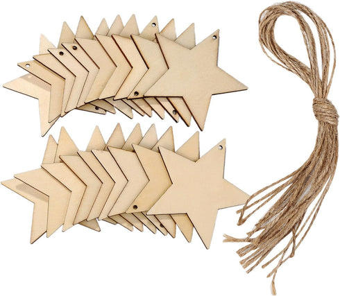 Tatuo 60 Set Natural Wooden Stars Cutouts Ornaments to Paint 3.15'' Unfinished Wood Star Embellishments for Craft with Twine for School Graduation...