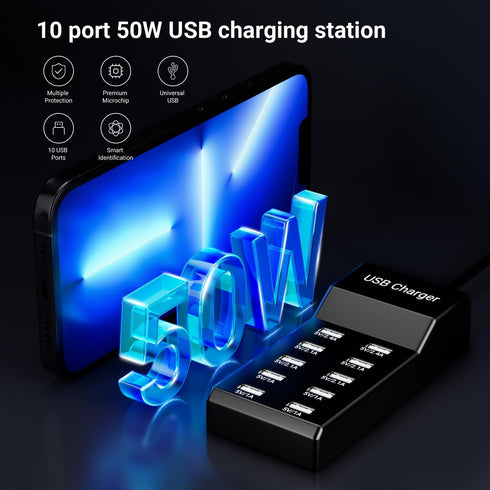 USB Charging Station Charging Station 50w10A 10-Port USB Charger, Multiport USB Charger Station Hub, Compatible with iPhone, Galaxy, iPad Tablet, ...