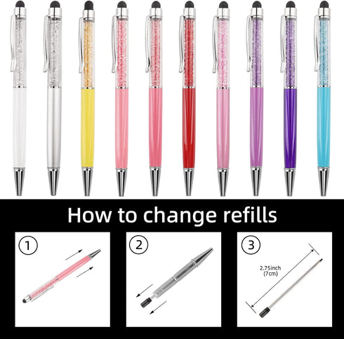 YOUMI 3 pcs 2 in 1 Bling Ballpoint Pens Crystal Diamond Pen Capacitive Touch Screen Stylus with Replacement Refills Black Blue Ink Rubber Tips for...