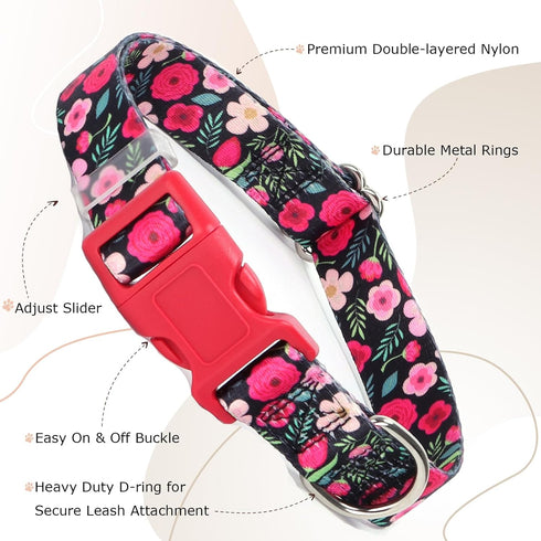 Girl Dog Collar with Red Flowers, Cut Female Dog Collar with Quick Release Buckle & Adjustable Comfy Pet Collar for Small Medium Large XL Dogs (Re...