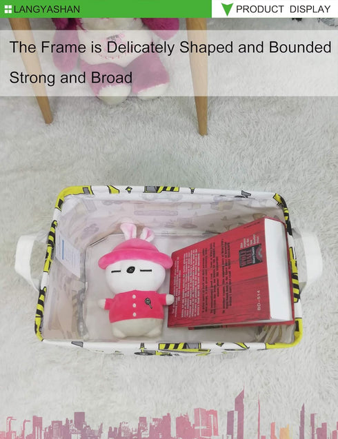 LANGYASHAN Rectangular Storage Bin Collapse Canvas Fabric Cartoon Storage Basket with Handles for Organizing Home Kitchen Boys and Girls Toys Offi...