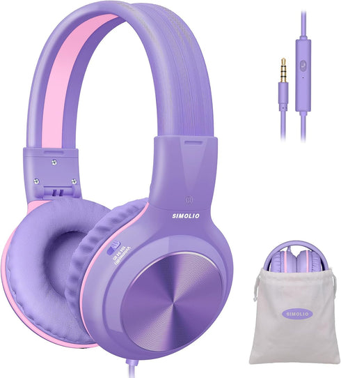 SIMOLIO Wired Headphones for Kids, Girls School Headphone with Microphone & Safe Volume Limiter & Shareport, Foldable Adjustable Over Ear Headsets...