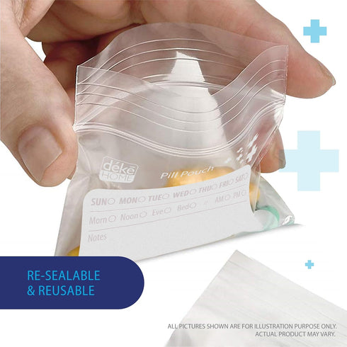 Deke Home - 100 Pack Clear Resealable Pill Bags (4x2.75 in), Travel Medicine Pouches with Write-On Label, BPA-Free Disposable Pill Organizer for M...