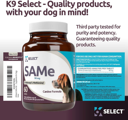 SAM-e for Small and Medium Adult Dogs, 60 Tablets, 90mg Active S-Adenosyl L-Methionine, SAM-e Supplement for Dogs, Hepatic Health, Cognitive Suppl...