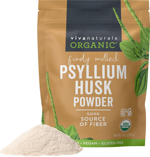 Viva Naturals Organic Psyllium Husk Powder, 10 oz - Finely Ground, Unflavored Plant Based Superfood - Good Source of Fiber for Gluten-Free Baking,...