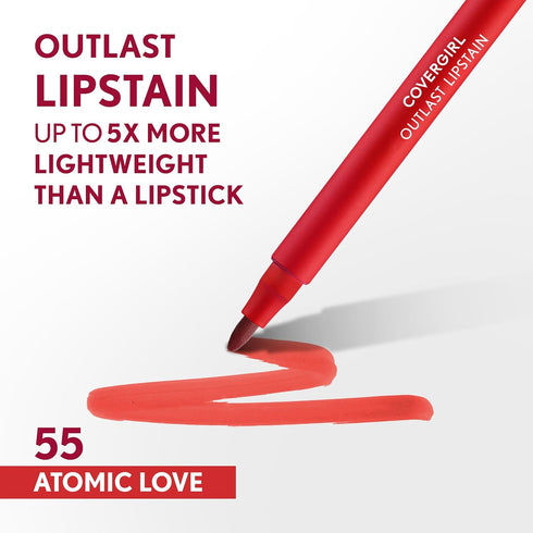 COVERGIRL Outlast, 55 Atomic Love, Lipstain, Smooth Application, Precise Pen-Like Tip, Transfer-Proof, Satin Stained Finish, Vegan Formula, 0.06oz...