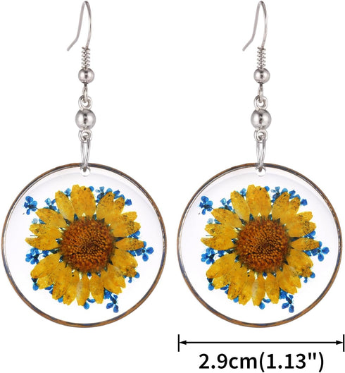 Multi-Colored Pressed Daisy & Queen Anne's Lace Flowers 1.14" Round Circle Drop Dangle Hook Earrings, 7 Colors...