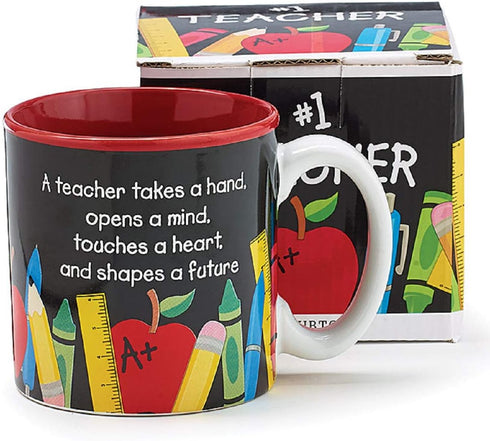 #1 Teacher 13 oz Coffee Mug with Pencil, Rulers, Crayons, and Pen Accents Inexpensive Teacher's Gift...