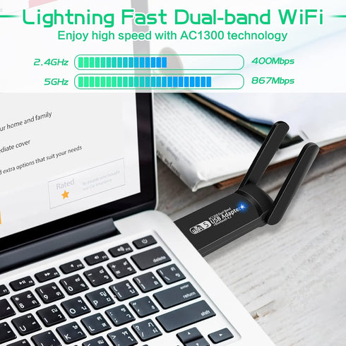 USB WiFi Bluetooth Adapter, 1300Mbps Dual Band 2.4/5Ghz Wireless Network External Receiver, Mini WiFi Dongle for PC/Laptop/Desktop...