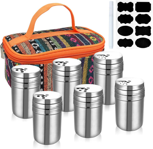 6Pcs Stainless Steel Spice Shaker, Camping Spice Kit with Travel Bag, Salt and Pepper Shakers Set For Salt Sugar Spice Dry Herb Spice, for Home or...