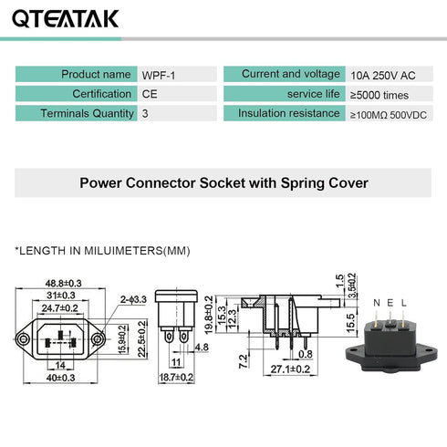 QTEATAK 2 Pcs AC 250V 10A IEC 320 C14 Panel Mount Plug Adapter Power Connector Socket with Spring Cover...