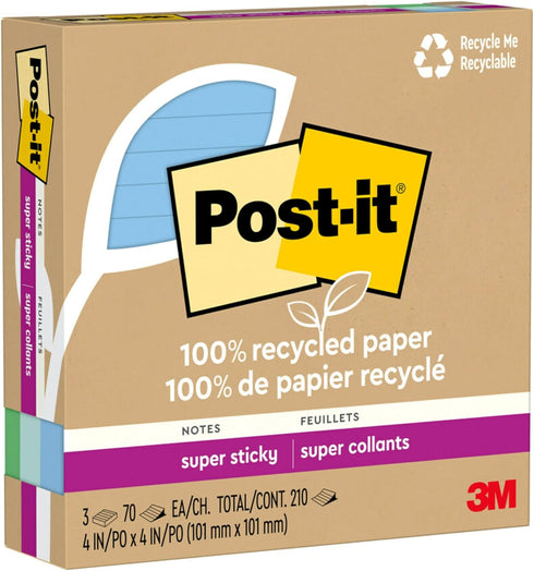 Post-it 100% Recycled Paper Super Sticky Notes, 2X The Sticking Power, 4x4 in, 3 Pads, 70 Sheets/Pad, Oasis Collection (675R-3SST)...